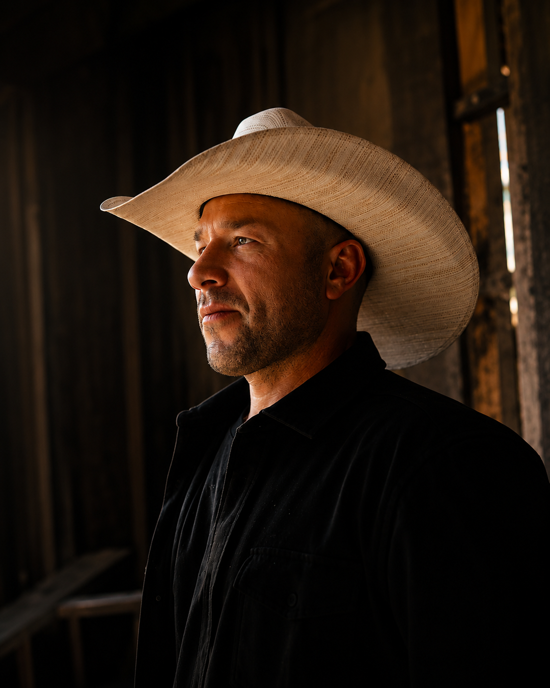 Jon Bullinger in a white hat, photographed in warm window light