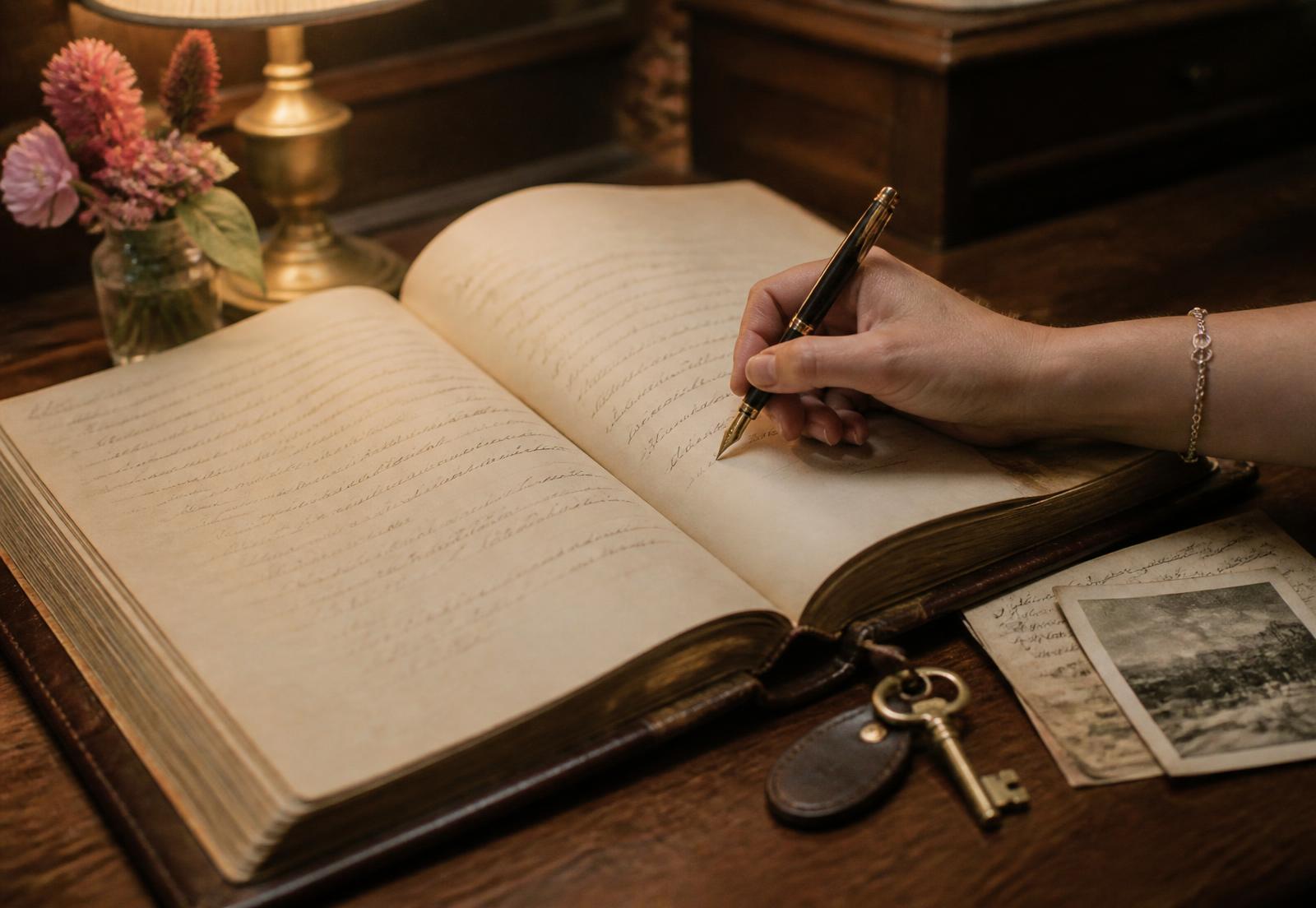 A guest writing an entry in the Carmella guestbook beside a brass key