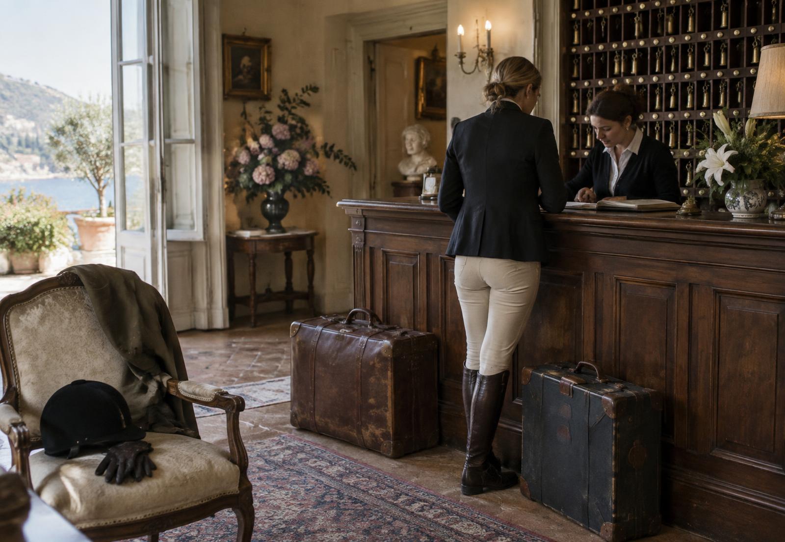 A guest back from the Morning Ride at the desk, helmet and gloves left on a chair beside waiting luggage