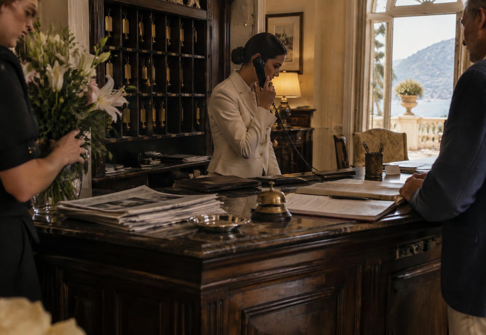 A receptionist on the old telephone as flowers are replaced at the desk