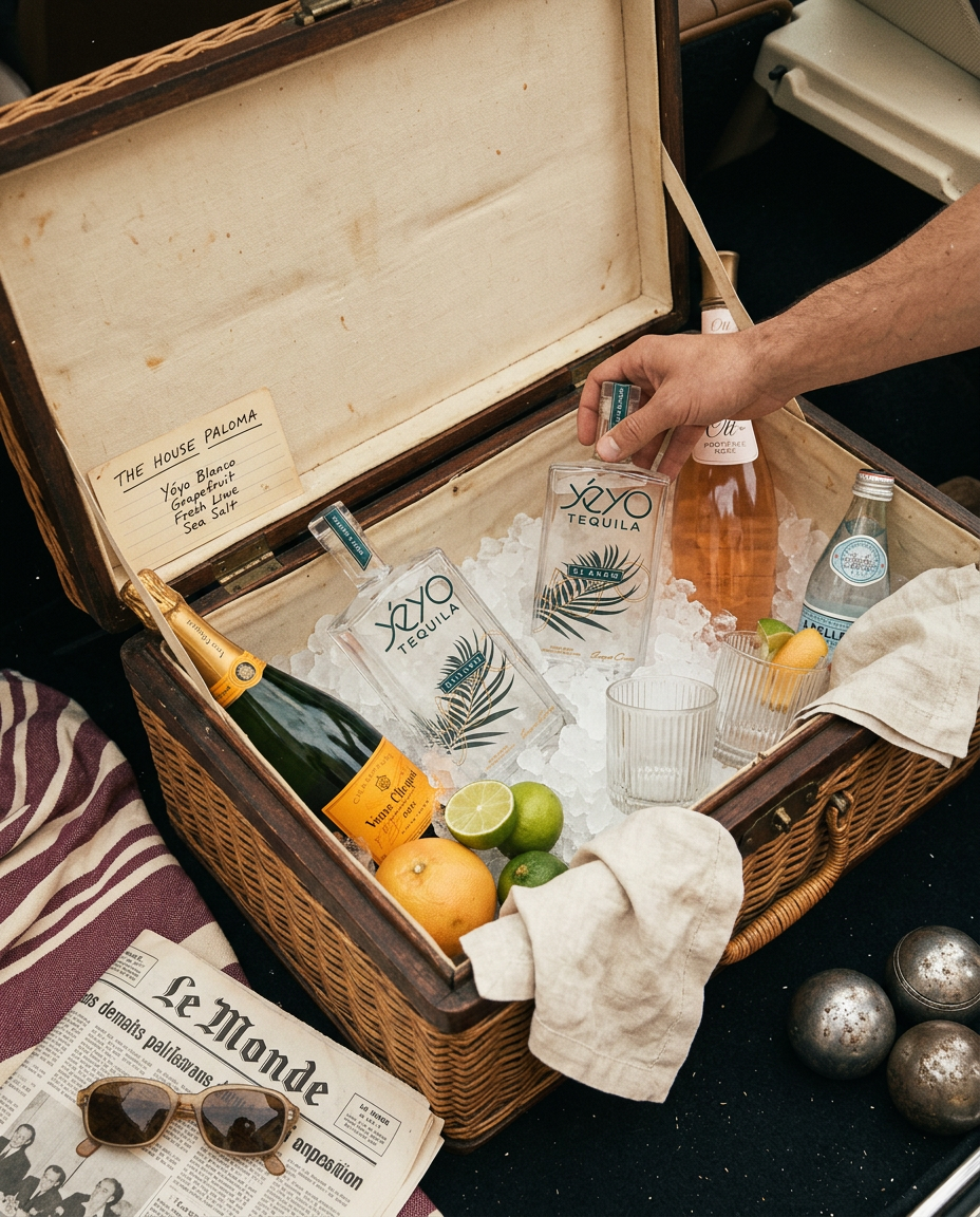 The open Carmella drinks chest with Yéyo Blanco in ice, citrus, Champagne, rosé and a handwritten House Paloma card