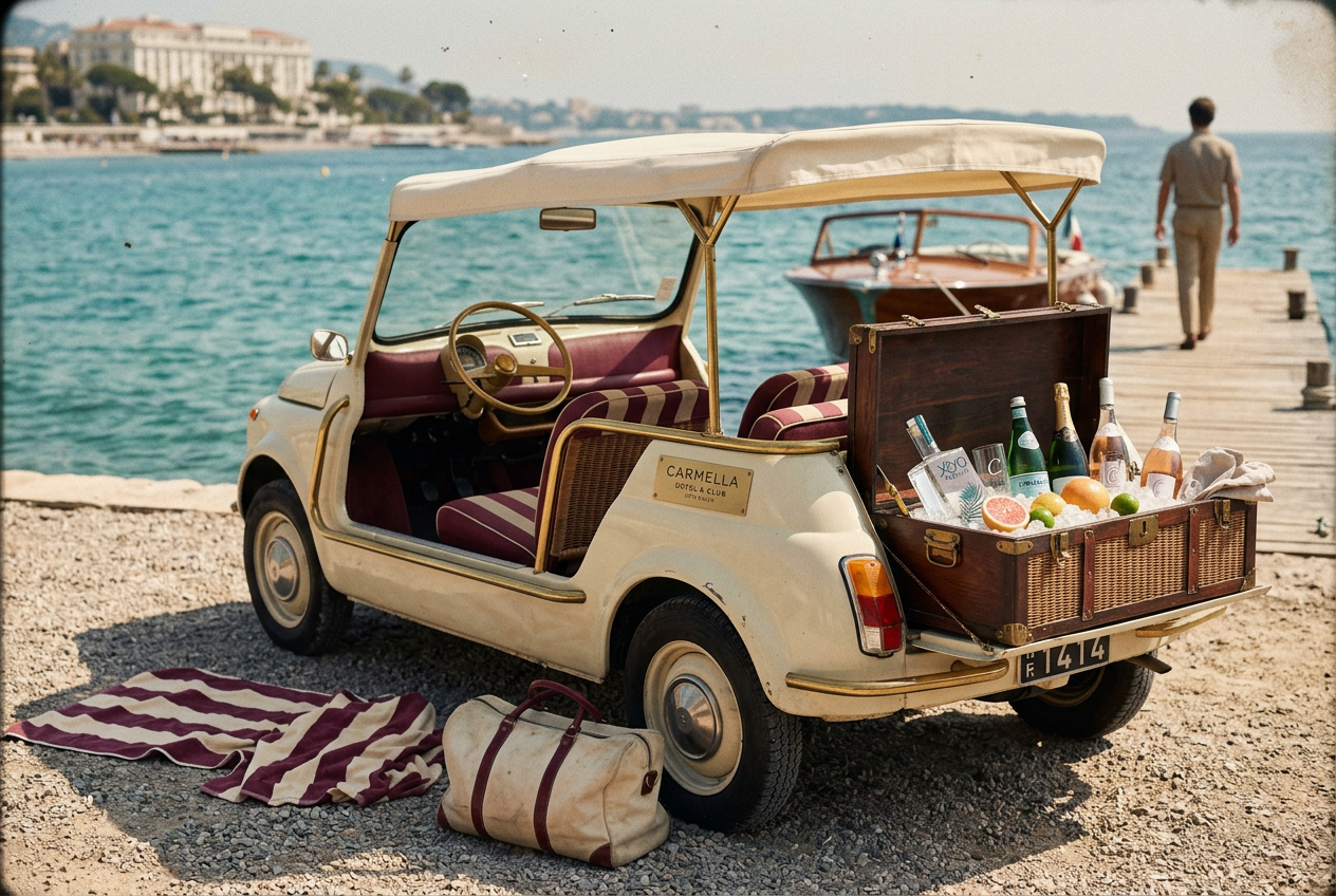 The Carmella beach car beside The Jetty with its drinks chest open and the launch waiting