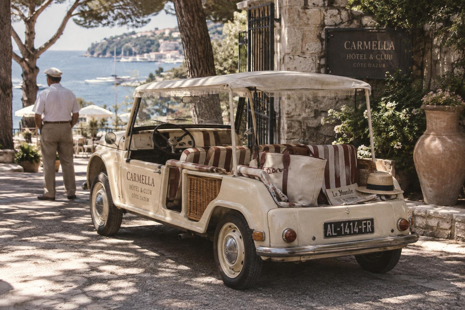 The cream Carmella beach car waiting beneath Mediterranean trees near The Old Gate