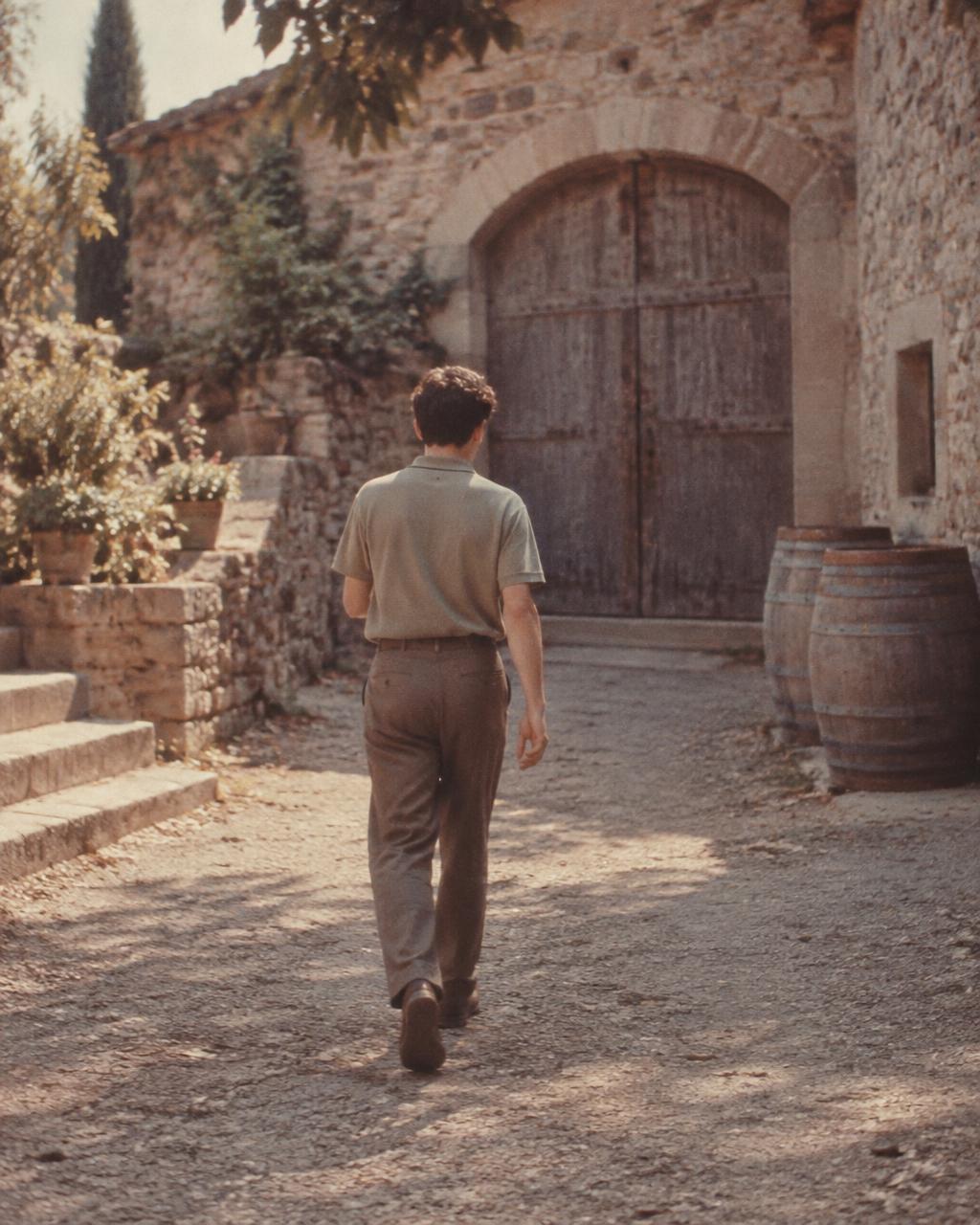 Temporary archival scene of a young figure seen from behind walking toward old cellar doors